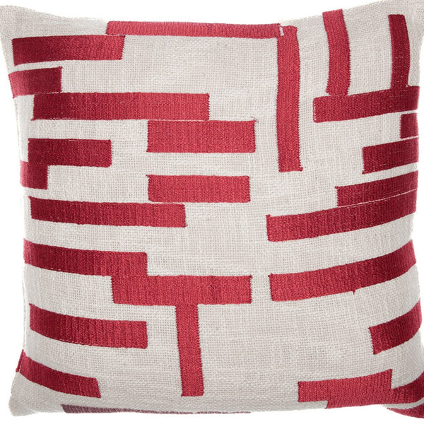 Homeroots 24" Red And Ivory Geometric Cotton Blend Throw Pillow With Embroidery Red,Ivory  549411