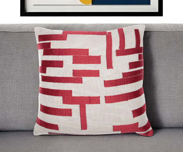 Homeroots 24" Red And Ivory Geometric Cotton Blend Throw Pillow With Embroidery Red,Ivory  549411