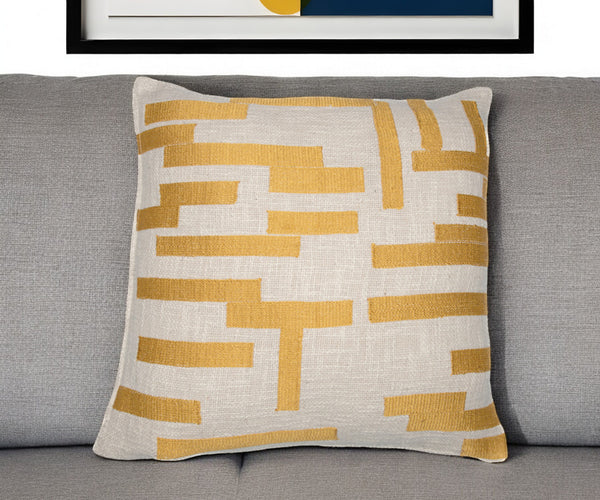 Homeroots 24" Yellow And Ivory Geometric Cotton Blend Throw Pillow With Embroidery Yellow,Ivory  549413