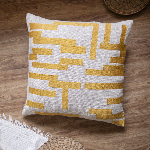 Homeroots 24" Yellow And Ivory Geometric Cotton Blend Throw Pillow With Embroidery Yellow,Ivory  549413