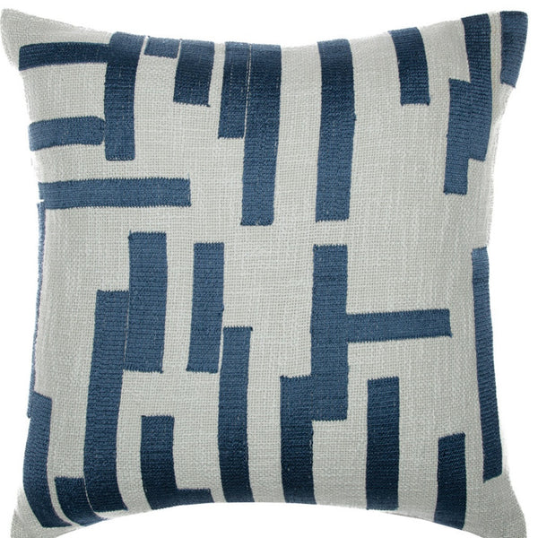 Homeroots 24" Blue And Ivory Geometric Cotton Blend Throw Pillow With Embroidery Blue,Ivory  549415