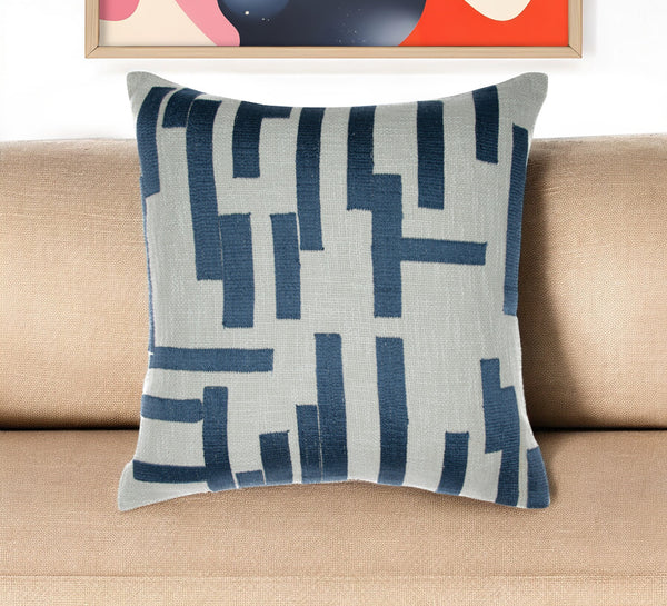 Homeroots 24" Blue And Ivory Geometric Cotton Blend Throw Pillow With Embroidery Blue,Ivory  549415