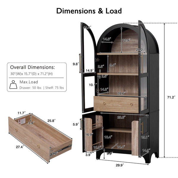 English Elm K&K Arched 71" Kitchen Pantry Cabinet with Glass Doors, Brass Handles, Adjustable Shelves & Drawer Black N707P288969B