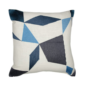 Homeroots 24" Ivory And Blue Geometric Cotton Blend Throw Pillow  With Embroidery Ivory,Blue  549427