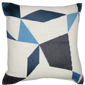 Homeroots 24" Ivory And Blue Geometric Cotton Blend Throw Pillow  With Embroidery Ivory,Blue  549427