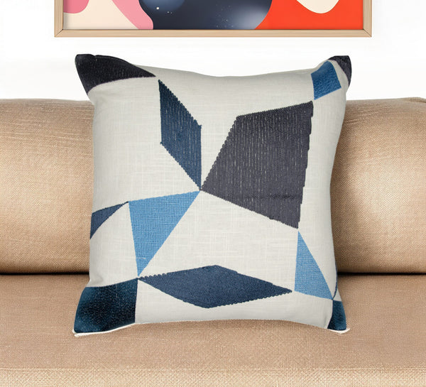 Homeroots 24" Ivory And Blue Geometric Cotton Blend Throw Pillow  With Embroidery Ivory,Blue  549427