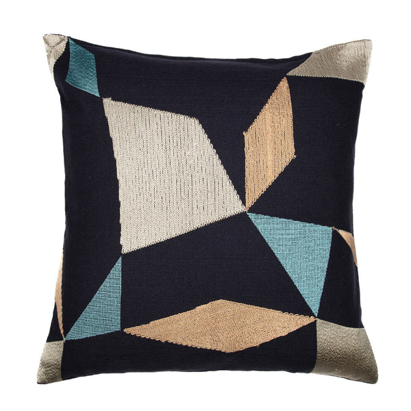 Homeroots 24" Blue And Beige Geometric Cotton Blend Throw Pillow With Embroidery Denim Blue,Beige  549429