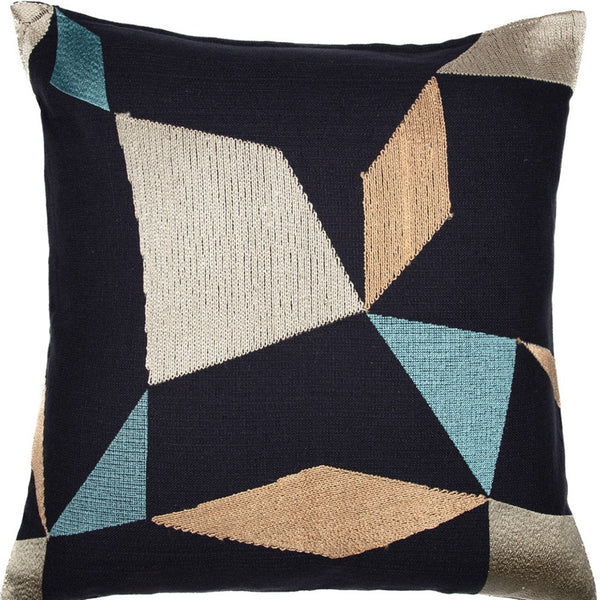 Homeroots 24" Blue And Beige Geometric Cotton Blend Throw Pillow With Embroidery Denim Blue,Beige  549429