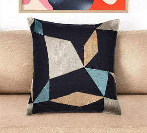 Homeroots 24" Blue And Beige Geometric Cotton Blend Throw Pillow With Embroidery Denim Blue,Beige  549429