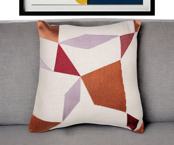 Homeroots 24" Ivory Geometric Cotton Blend Throw Pillow With Embroidery Ivory,Multi  549431