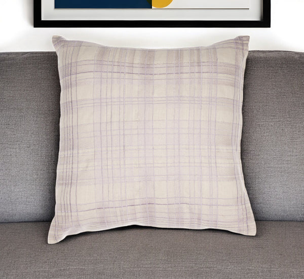 Homeroots 24" Ivory Check Cotton Blend Throw Pillow With Embroidery Ivory,Lilac  549441