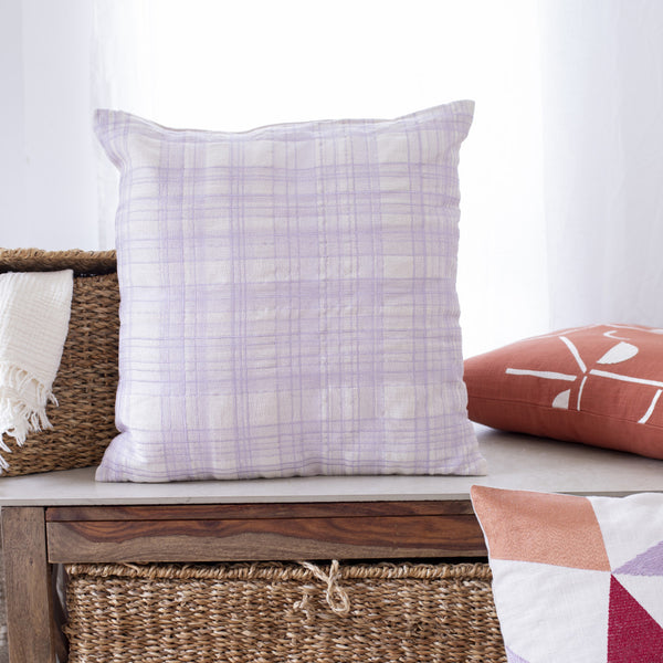 Homeroots 24" Ivory Check Cotton Blend Throw Pillow With Embroidery Ivory,Lilac  549441