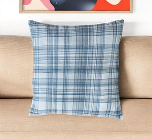 Homeroots 24" Blue Check Cotton Blend Throw Pillow With Embroidery Blue  549443