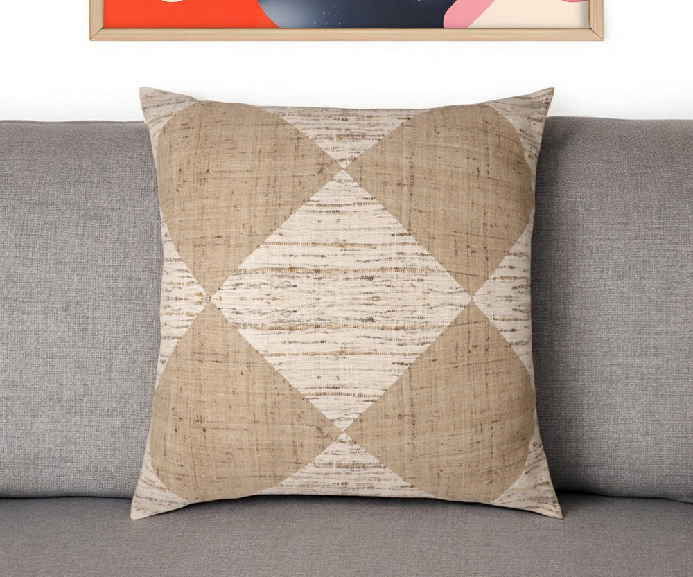 Homeroots 24" Brown And Beige Diamond Silk Throw Pillow With Embroidery   549447