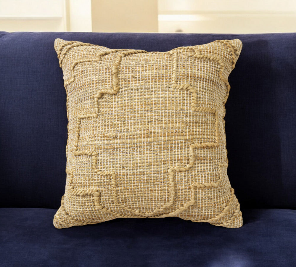 Homeroots 22" Natural Trellis Jute Throw Pillow With Embroidery   549455