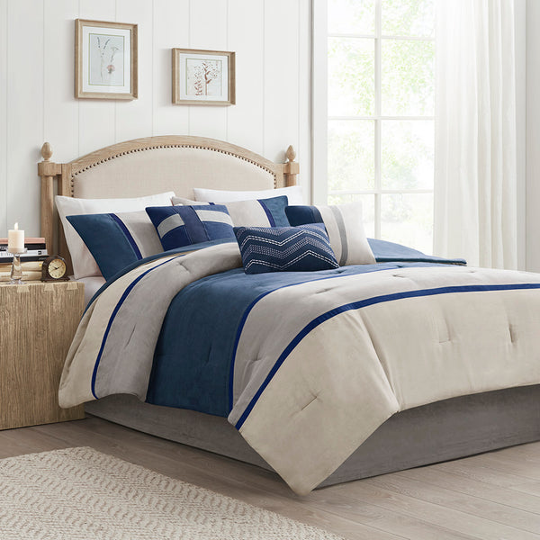 JLA Home Madison Park - 7 Palisades Faux Suede Comforter Set with Hypoallergenic Fill, Tonal Color Block & Embroidered Pillows 104 L x 92 W x 1.5H MP10-1318