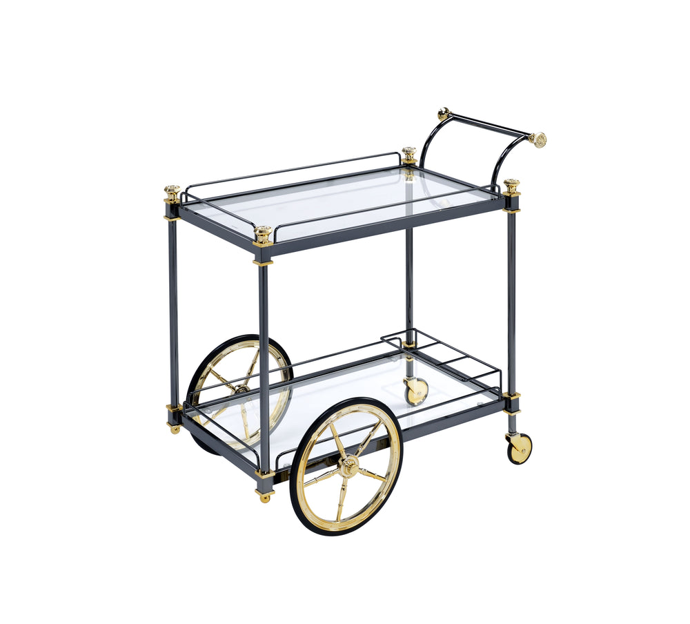 English Elm Cyrus Clear Glass Serving Cart with Black/Gold Metal Frame, Wine Rack, Handle & Smooth Casters B2726P256279