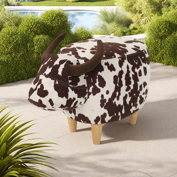 English Elm Christopher Knight Home® - Animal Cow Ottoman with Velvet Horns and Birch Legs — Whimsical Fabric Footstool for Cozy Décor Brown+White 61391.00