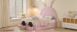 English Elm Full Size Upholstered Rabbit-Shape Bed With 2 Storage Stools, Velvet Platform Bed With Cartoon Ears Shaped Headboard, Pink