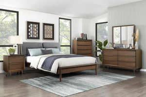 English Elm Walnut Veneer Eastern King Platform Bed Upholstered Gray Fabric Mid-century Frame B011S01614