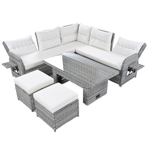 English Elm Outdoor Rattan Furniture Set With Adjustable Recliners, Versatile Tables, And Ottomans For Patios N719Z000120A-GIGA