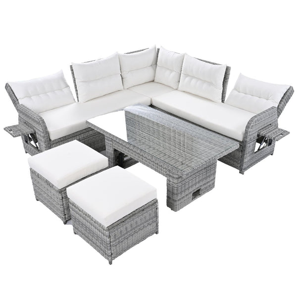 English Elm Outdoor Rattan Furniture Set With Adjustable Recliners, Versatile Tables, And Ottomans For Patios N719Z000120A-GIGA