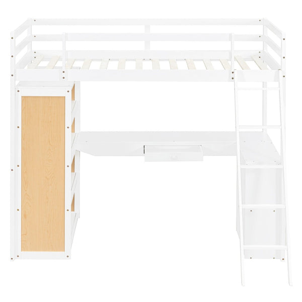 English Elm Twin Loft Bed with Built-in Desk Shelves and Drawer White Pine Study Zone LT100225AAK-1