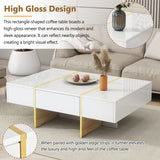 English Elm 47.2'' X 31.4''Minimalist High Gloss Coffee Table With 2 Drawers, Multi-Storage Rectangle Sofa Table With Golden Wood Grain Legs, Modern Center Table For Living Room, White