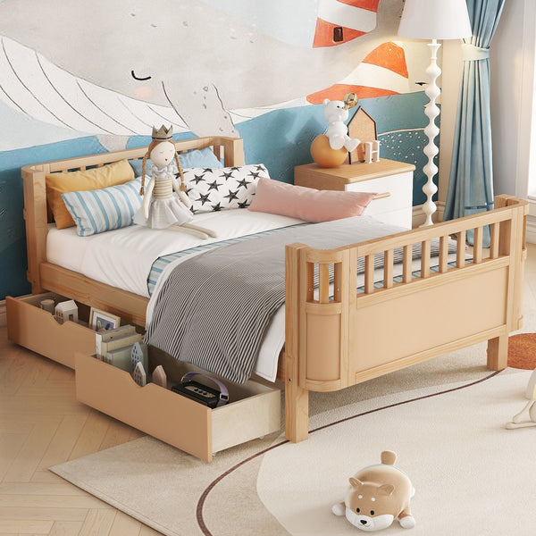 English Elm Twin Solid Wood Platform Bed with Guardrail for Kids, Low-Profile Sturdy Pine Frame, Safe Sleep Solution Natural 69.69 L x 18.5 W x 7.68 H W2593P331680