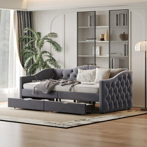 English Elm Full Boucle Upholstered Daybed with Tufted Headboard Storage Drawers and Usb Ports W1670S00027