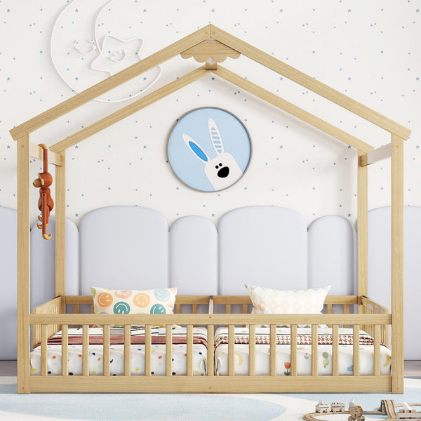 English Elm Double Twin House-Style Floor Bed with Fence Guardrails for Kids, Pine & Plywood Durable Design Natural W504P308461