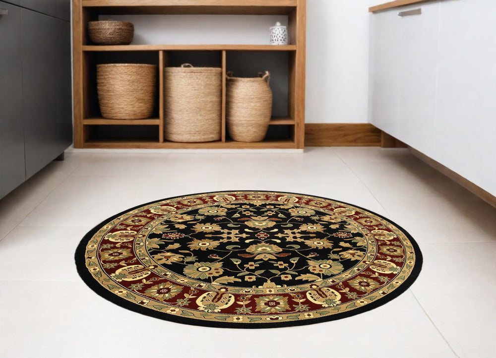 Homeroots 6' Black And Red Round Floral Area Rug  Polyester 549974