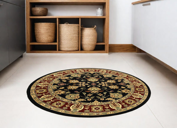 Homeroots 6' Black And Red Round Floral Area Rug  Polyester 549974