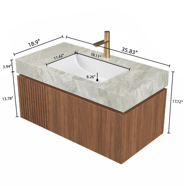 English Elm MURI Modern Wall-Mounted Vanity with Sintered Stone Top and Ceramic Basin, Plywood Cabinet, 39" Brown Oak,Light Gray W2615S00335