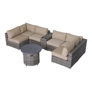 English Elm Fully Assembled 8-Piece Modular Patio Sectional Set With Fire Pit & Weather-Resistant Cushions B120S00153