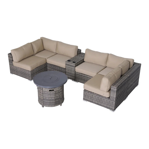 English Elm Fully Assembled 8-Piece Modular Patio Sectional Set With Fire Pit & Weather-Resistant Cushions B120S00153