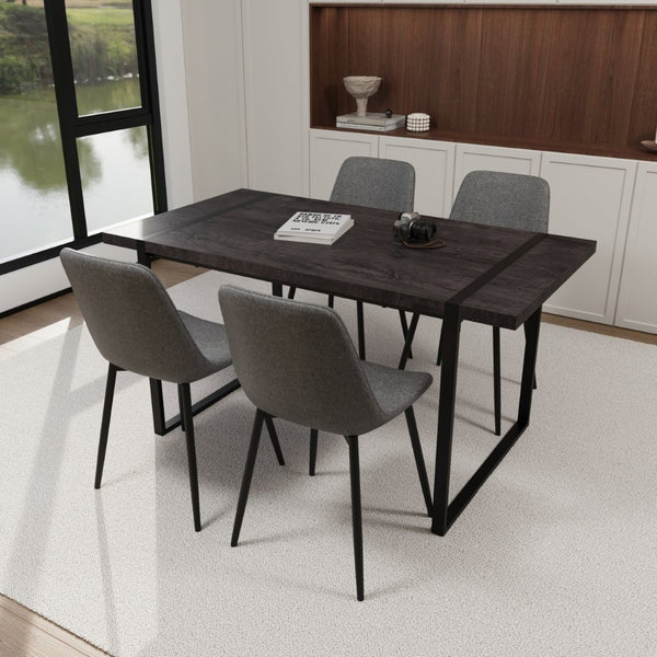 English Elm 59" Industrial Dining Set with Suede Chairs Matte Metal Base Mdf Table Seats Four Black+ Gray W2189S00817