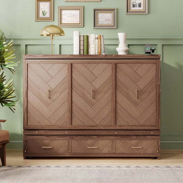 English Elm Queen Cabinet Murphy Bed Pine Wood Frame Geometric Panel Usb Charging Guest Room W504S00306