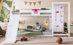 English Elm Twin Metal Loft Bed with Slide Basketball Hoop Climbing Wall and Built-in Shelves W1580S00634