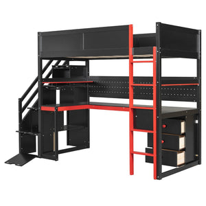 English Elm Full Size Gaming Loft Bed with Led Lighting Desk Shelves and Usb Charging Ports N820S00070J