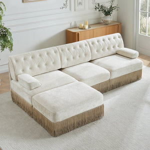 English Elm 3-seater Velvet Modular Sectional Sofa with Button Tufting Tassel Skirt Living Room Beige W714S01686