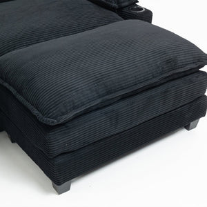 English Elm Modern Black Corduroy L-shaped Sectional with Ottoman for Spacious Living Rooms W2715P382263