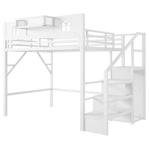 English Elm Full Size Loft Bed With Integrated Wardrobe, Stairs, House-Shaped Guardrails & Space-Saving Design W2593S00037