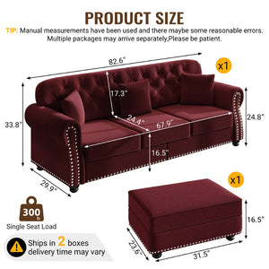 English Elm 82.6"upholstered Velvet Chesterfield Sofa with Button Tufting Nailhead Trim Rolled Arms Burgundy W1885S00372