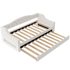 English Elm Upholstered Twin XL Daybed with Built-In LED Belt and Trundle, Linen Backrest, Modern Guest Bed Beige DL002050AAA