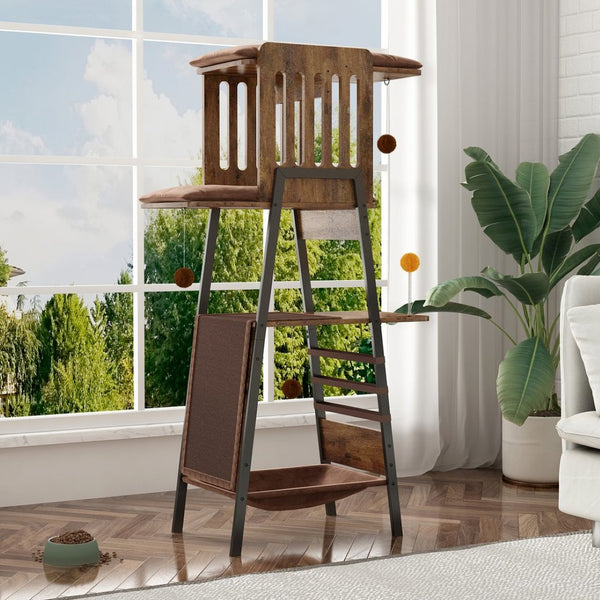 English Elm Modern 58 Inch Cat Tower with Sisal Scratching Mat Hammock and Perch for Large Breeds W2641P460041