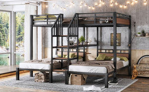 English Elm Full Xl Over Twin Triple Metal Bunk Bed with Storage Stairs and Shelves Black W1580S00546