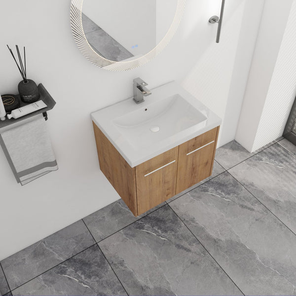 English Elm 24 Inch Floating Bathroom Vanity with Resin Sink, Soft-Close Doors, Wall-Mounted Storage, Modern Compact Design W999P188185