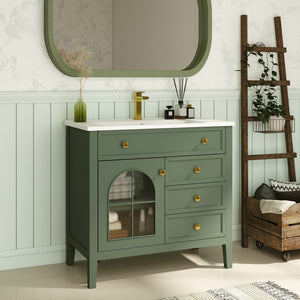 English Elm 35.6" Freestanding Bathroom Vanity with Roman Column Base and Ceramic Integrated Sink Green W1801S00010