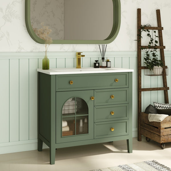 English Elm 35.6" Freestanding Bathroom Vanity with Roman Column Base and Ceramic Integrated Sink Green W1801S00010